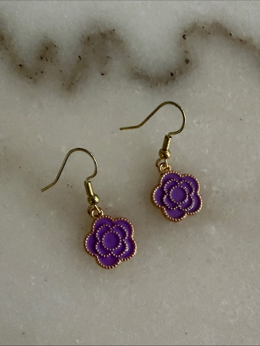 Gold-Tone Purple Flower Drop Earrings Handpainted Floral Enamel Novelty Jewelry